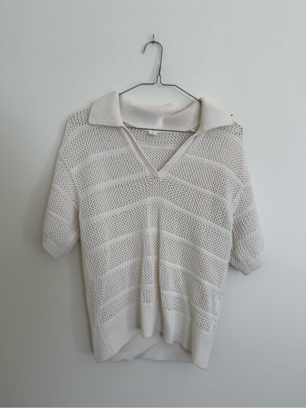Old Navy Cream Open-Knit V-Neck Polo Sweater